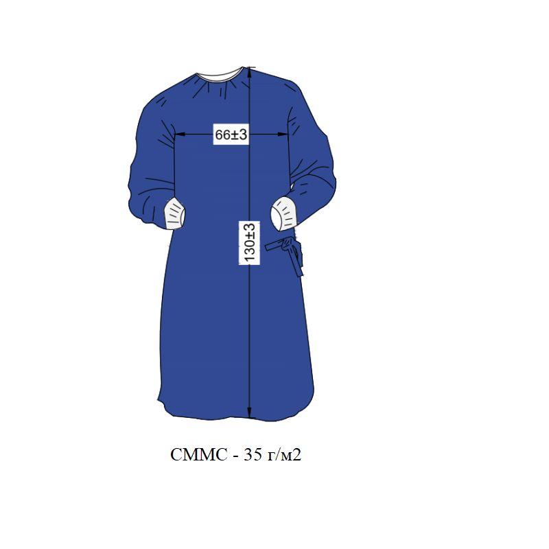 Халат медичний (хірургічний) на зав`язках, з манжетою, довжина 130 см, розмір L (СММС - 35 г/м2), одноразовий, стерильний NUREL®